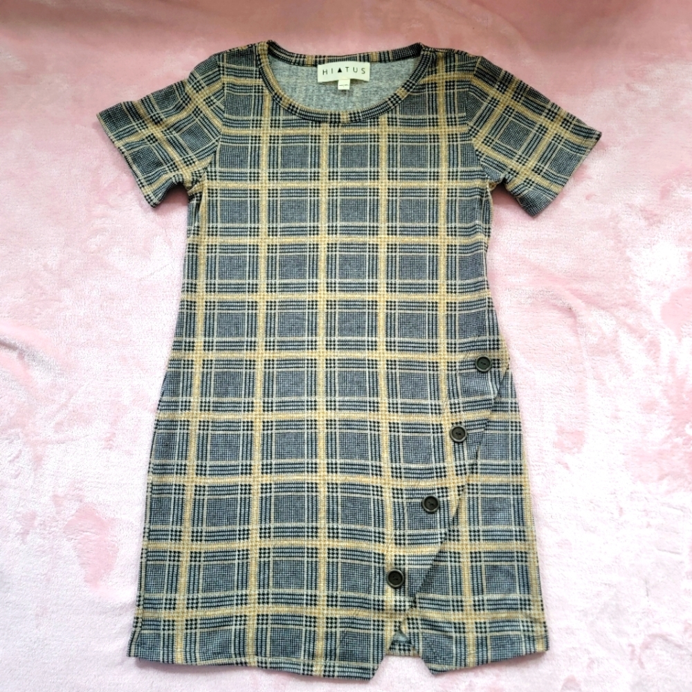 HIATUS Plaid Button Hem Short Sleeve Dress Women’s Size L